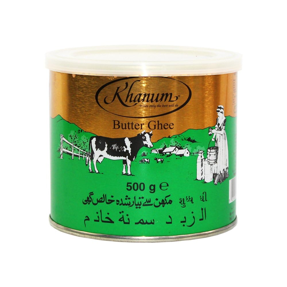 Khanum Czyste Masło Ghee 500g – Wysokiej jakości masło do smażenia, gotowania i pieczenia | Idealne do smażenia, wysoki punkt palenia, bez dodatków z naklejką Kajal
