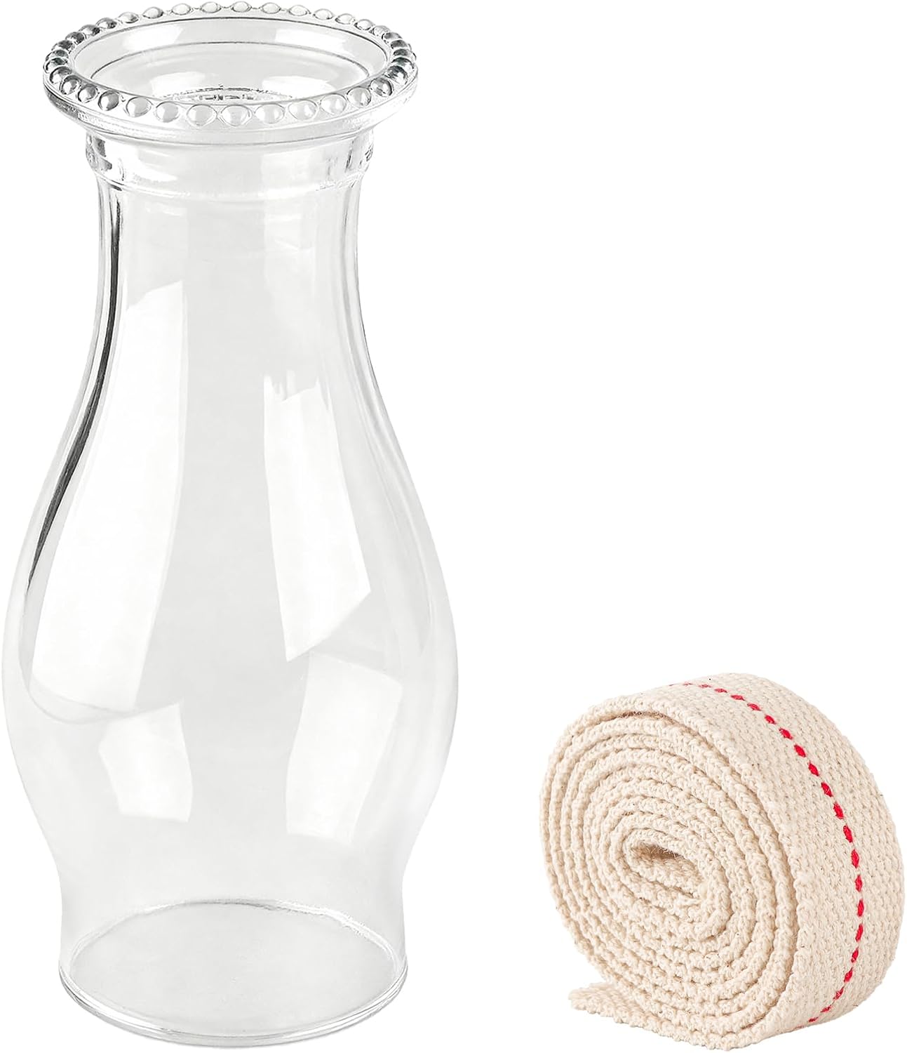 Glass Oil Lamp Chimney with 1m Cotton Wick – 8.27" Clear Hurricane Lamp Shade, Heat-Resistant Glass Replacement for Kerosene & Vintage Oil Lamps, Fits 3" Base (Wave Style)