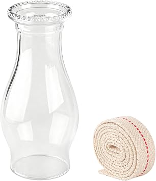 Glass Oil Lamp Chimney with 1m Cotton Wick 8.27" Clear Hurricane Lamp Shade, Heat-Resistant Glass Replacement for Kerosene & Vintage Oil Lamps, Fits 3" Base Wave Style