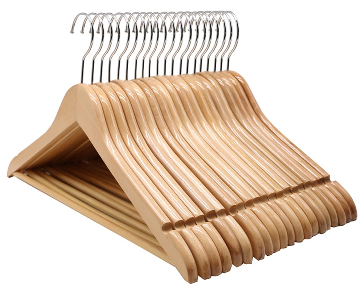 ECVV Wooden Suit Hangers - Smooth Finish Solid Wood Coat Hanger with Non Slip Pants Bar, Swivel Hook and Precisely Cut Notches for Camisole | Jacket | Pant | Dress Hangers | 12 PIECES