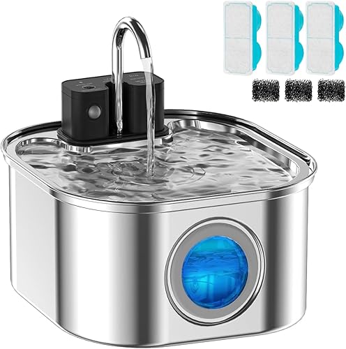 Fuente de agua inalámbrica para gatos con 3 filtros + 3 esponjas, [recargable y grifo] Funciona con pilas de acero inoxidable, fuente automática