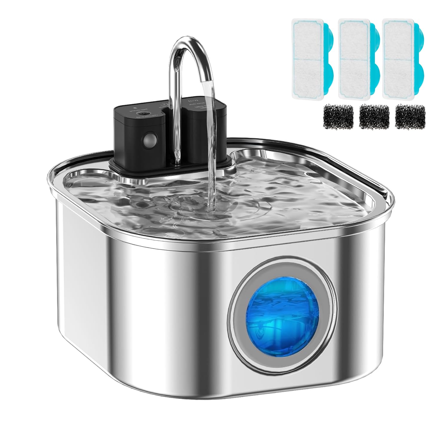 Wireless Cat Water Fountain with 3 Filters + 3 Sponges，[Rechargeable & Faucet ] Stainless Steel Battery Operated, 108oz/ 3.2l Automatic Cordless Pet Fountain -Dog Fountain with 4200 Mah Battery