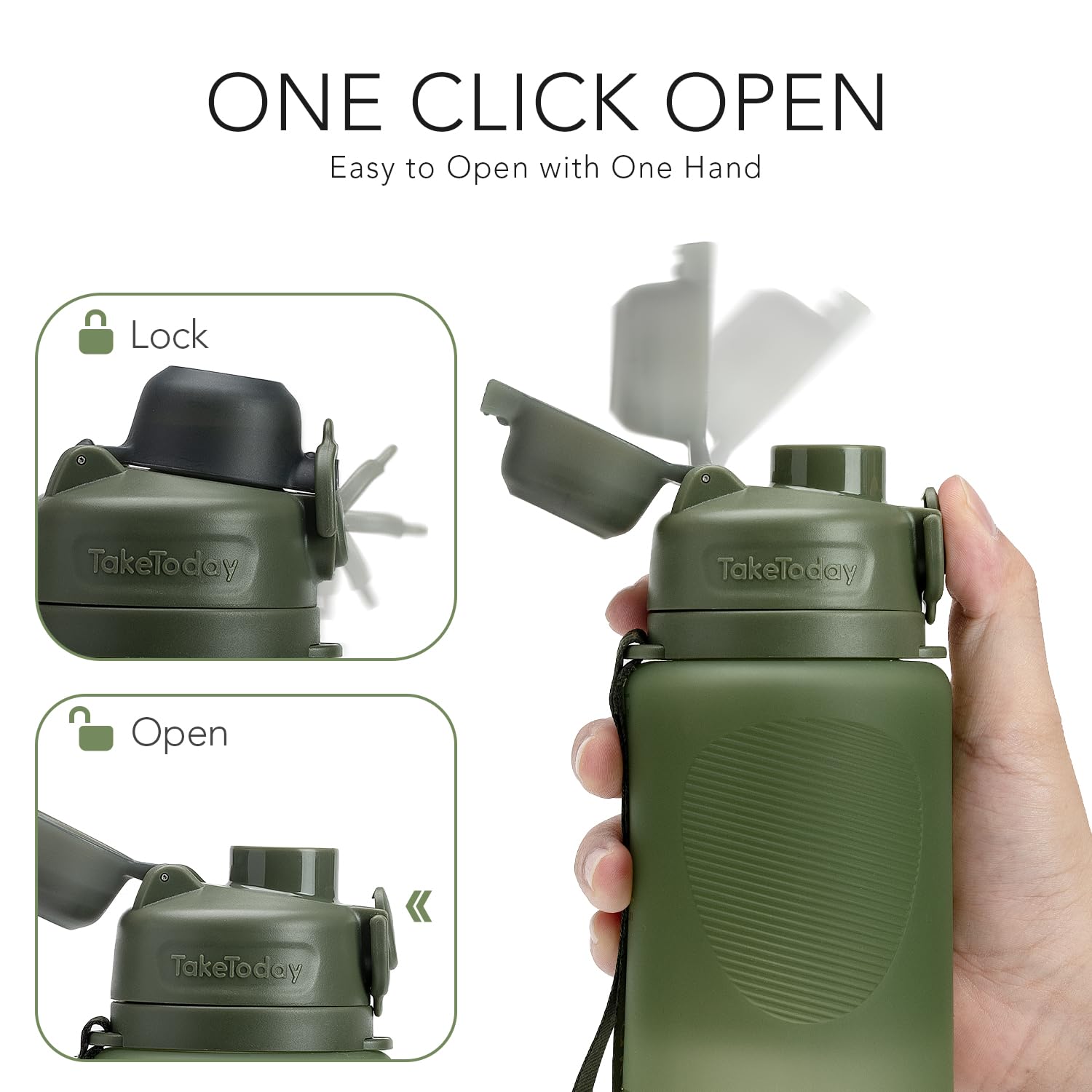 TakeToday Faltbare Silikon-Wasserflaschen, 900 ml, faltbare Reiseflasche mit Gurt, BPA-frei, auslaufsicher, für Wandern, internationale Reisen, Outdoor (grün)