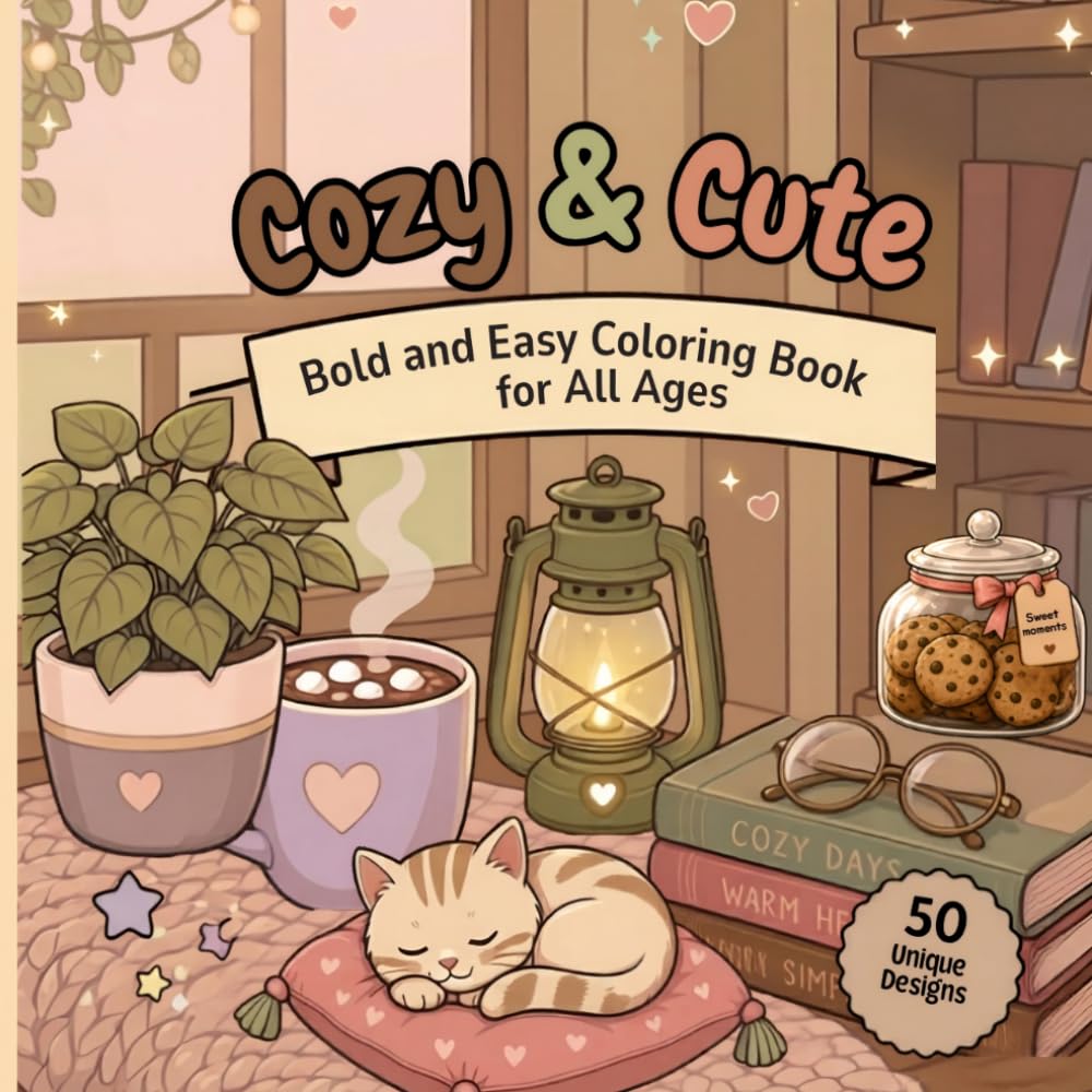 Cozy & Cute: Bold and Easy Coloring Book for All Ages: Thick Lines, Simple Designs for Relaxation, Mindfulness and Stress Relief
