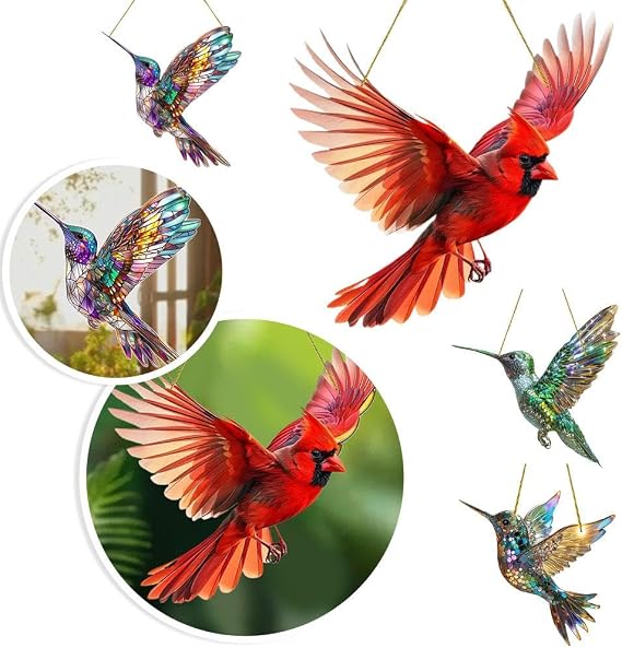 Hummingbird Stained Glass Suncatcher,Bird Sun Catchers Indoor Window,Hummingbird Kingfisher Double Side Glass Panel Window Hanging Decor,Acrylic Birds on Branch Gifts for Bird Lovers