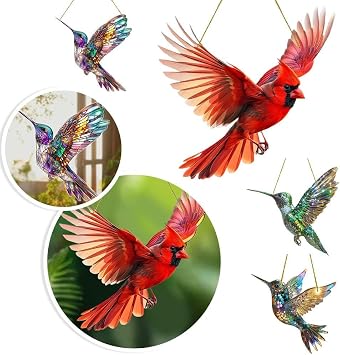 Hummingbird Stained Glass Suncatcher,Bird Sun Catchers Indoor Window,Hummingbird Kingfisher Double Side Glass Panel Window Hanging Decor,Acrylic Birds on Branch Gifts for Bird Lovers