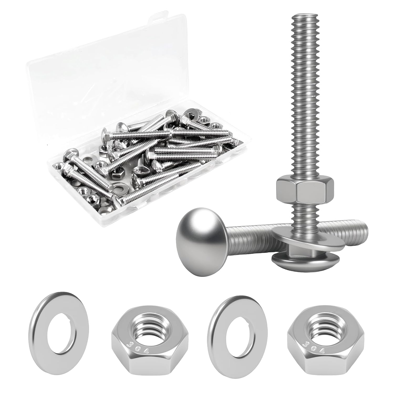 1/4-20 x 2 Carriage Bolt Kit 20 Sets, 304 Stainless Steel Coach Bolts