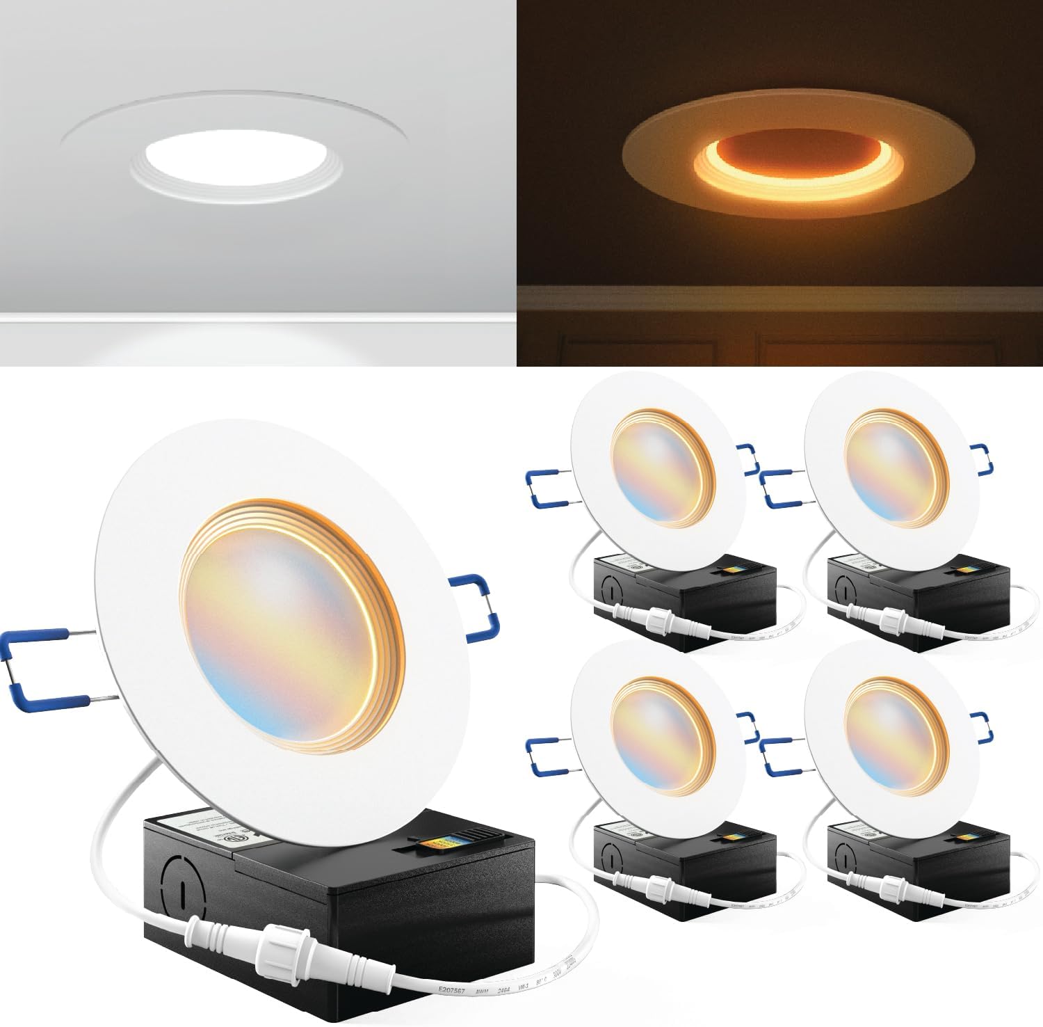 Sunco 4 Pack 10W 4 Inch LED Recessed Lighting Slim Baffle Retrofit Night Light for Indoor Living Dining Room Bedroom, 600 Lumens, Selectable CCT 2700K/3000K/4000K/5000K/6000K, Dimmable, AC120V - ETL