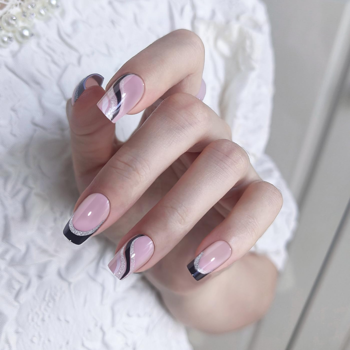 French Tip Press on Nails Medium Glossy Coffin Glue on Nails Black Tip Silver Glitter Line Designed Full Cover Acrylic False Nail Press ons, 24PC