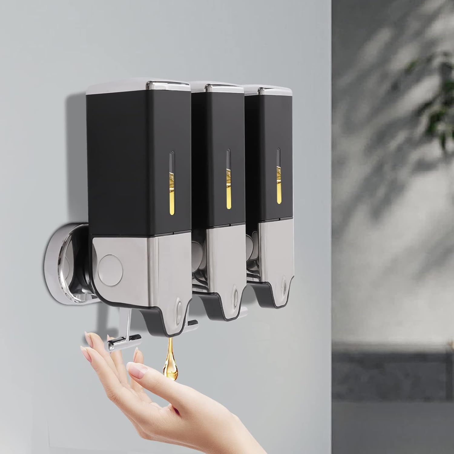 Wall Mounted Bathroom Shower Pump Dispenser 3-in-1, Shampoo and Soap Dispenser Organizer, 3x500ml Manual Conditioner Shower Gel Dispenser Set for Home Hotel Restaurant Bath Kitchen (Black)