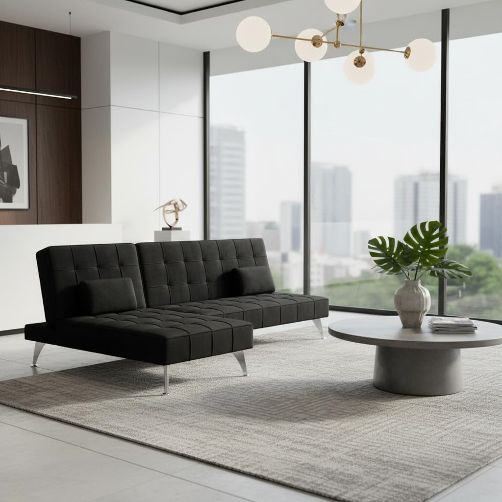 Sofá Cama Chaise Longue Sofia con 2 Cojines - Modelo XS - 198x146x75 cm - Tela Gris - Reclinable en 3 Posiciones - Ideal para Espacios Reducidos