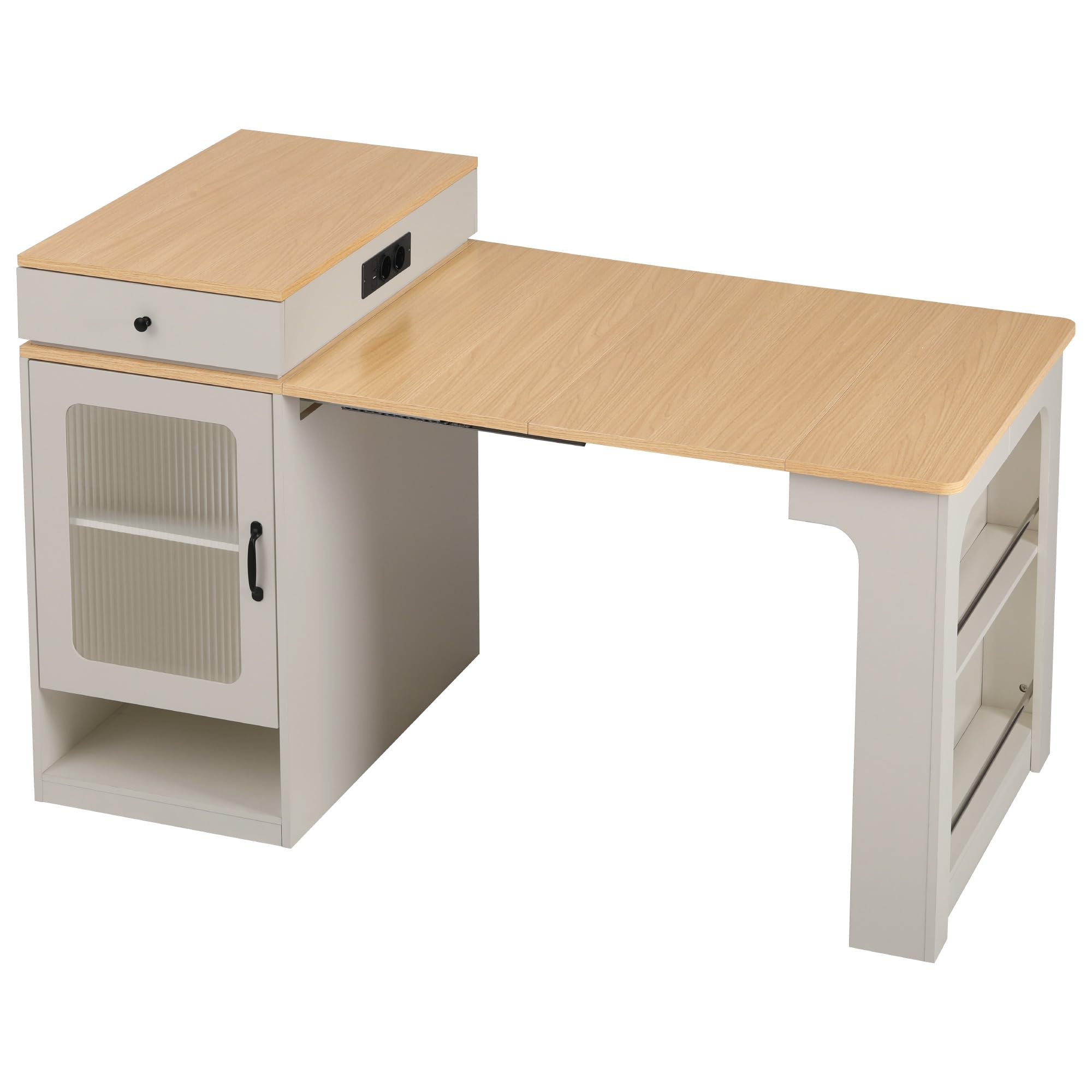 Isola da Cucina con Ruote, Carrello Servizio, Tavolo Pranzo Allungabile con Piatto Rimovibile, Tavolo Bar con Ciabatte, Multifunzione (Bianco)