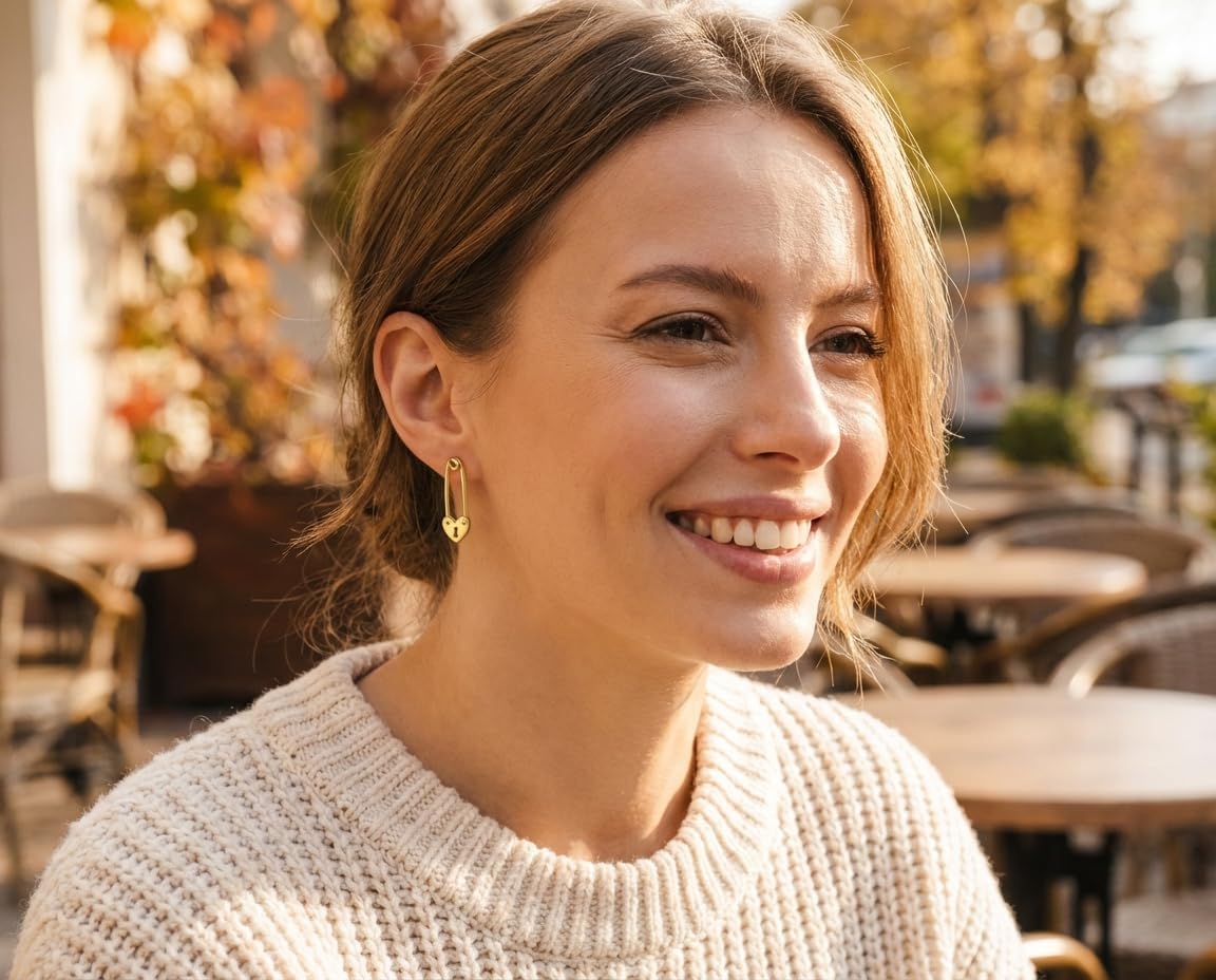 Inspirational Symbol Paper Clip Love Lock Drop Sweet Heart Safety Pin Earrings Stud For Women Teen 14K Yellow Gold Plated .925 Sterling Silver