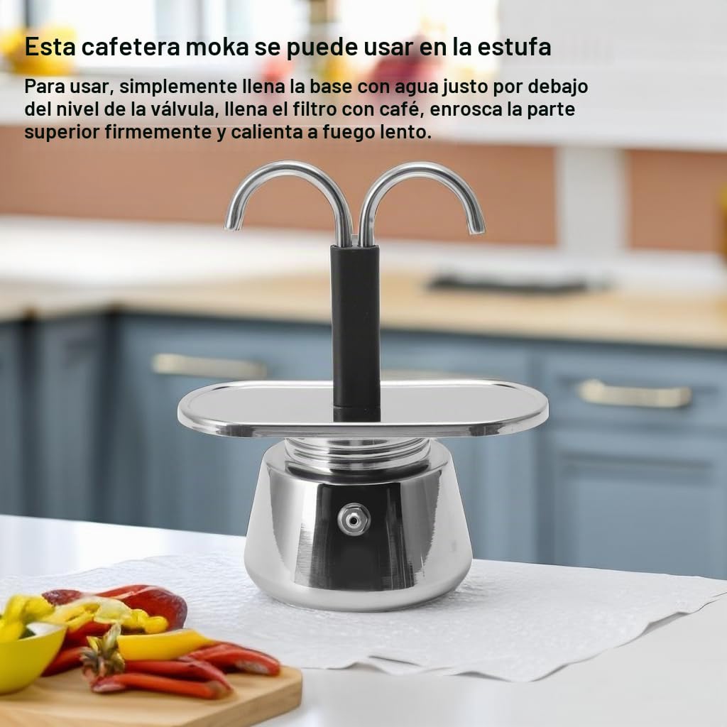 Topyond Moka Pot, 2 Tazas 100ml Acero Inoxidable de Doble Cabeza, Cafetera Espresso para Estufa Cafetera Italiana Clásica para Hacer Café, Conducto DIY