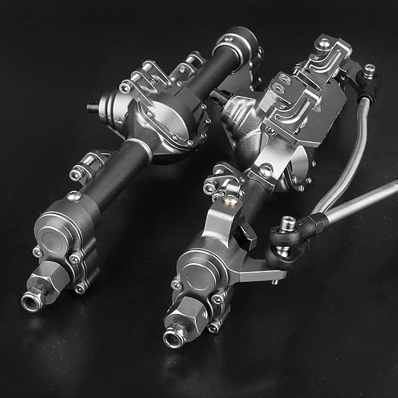 Metal Front Rear Portal Axle Rock Crawler Integrated Axle with Servo Steering Rod for 1/10 RC SCX10 II 90046 90047 RGT 86100 CC01 LCG Chassis Kit Upgrade (Gray)