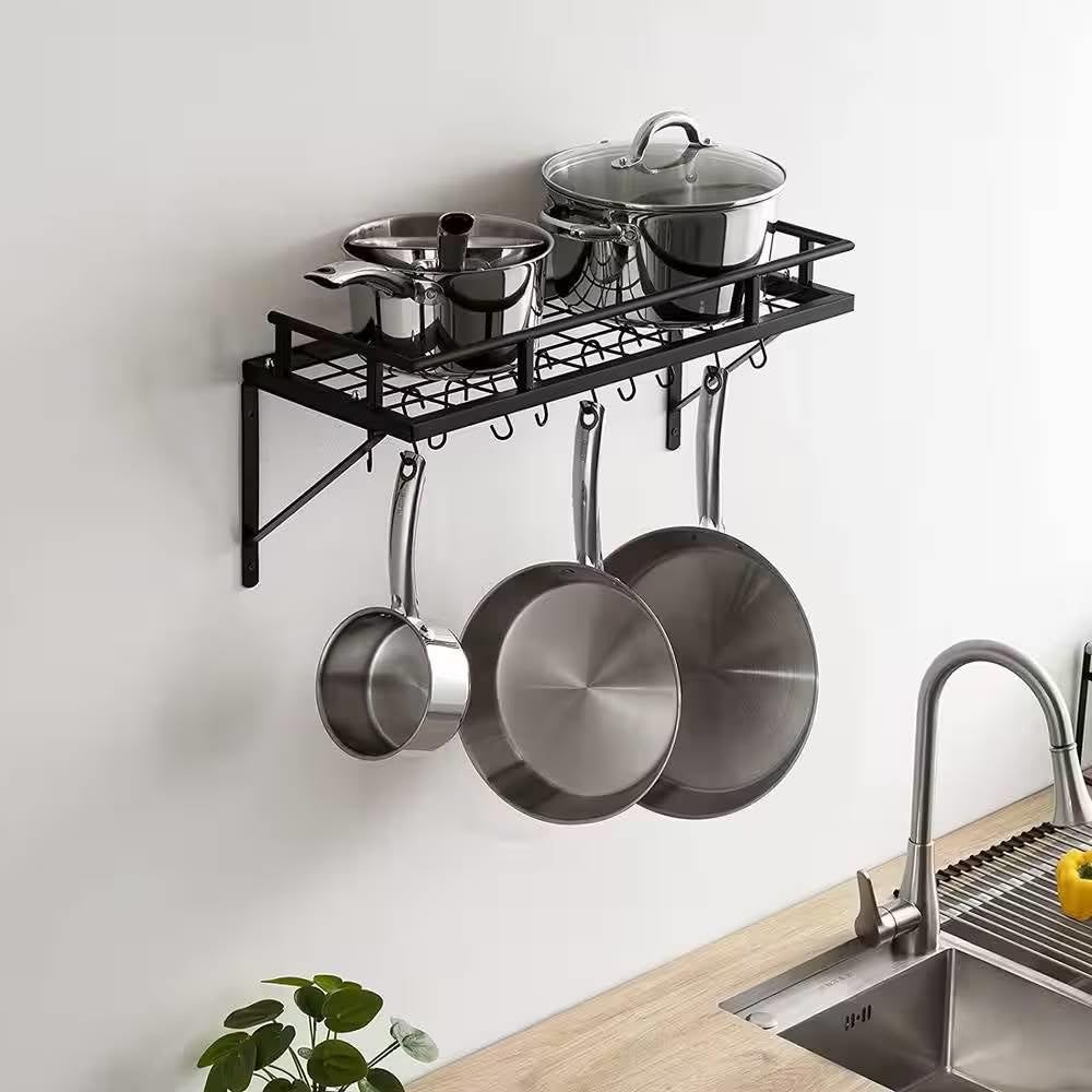 Matte Black Stainless Steel Wall Mounted Pot Rack with 10 Hanging Hooks New