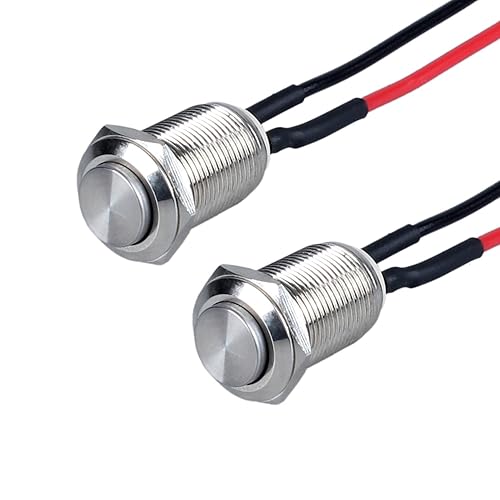 Miniatura 13 de Paquete de 2 terminales de botón de metal momentáneo de 0.472 in, impermeables, de cabeza elevada, orificio de montaje de 1/2 pulgada, 12 V, 24 V