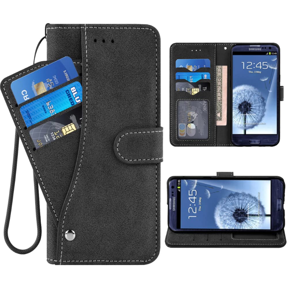 ELISORLI Compatible with Samsung Galaxy S3 Wallet Case Wrist Strap Lanyard Leather Flip Card Holder Stand Cell Accessories Phone Cover for Gaxaly SIII Neo Galaxies S III 3 3S GS3 I9300 Women Men-Black