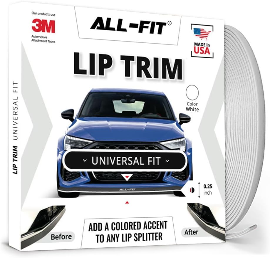All-Fit Automotive Lip Trim – Universal Fit for Style & Protection – Durable Accent for Splitters, Air Dams, & Spoilers – Easy-to-Install Automotive Exterior Accessories (¼” W x 10’ L, White)