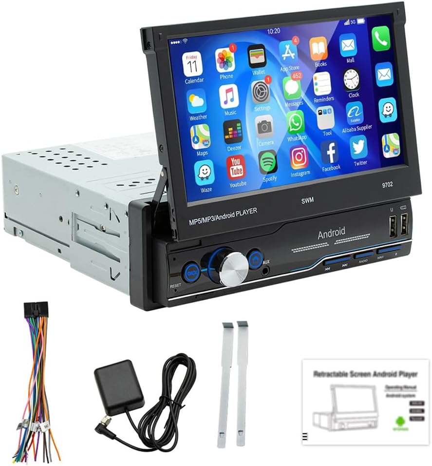 Bluetooth Android Car Stereo Single Din Car Radio 7 Inch Flip Out Touchscreen Car Audio Receiver Support GPS/Mirror Link/USB/AUX Input/RDS/FM, USB Fast Charging