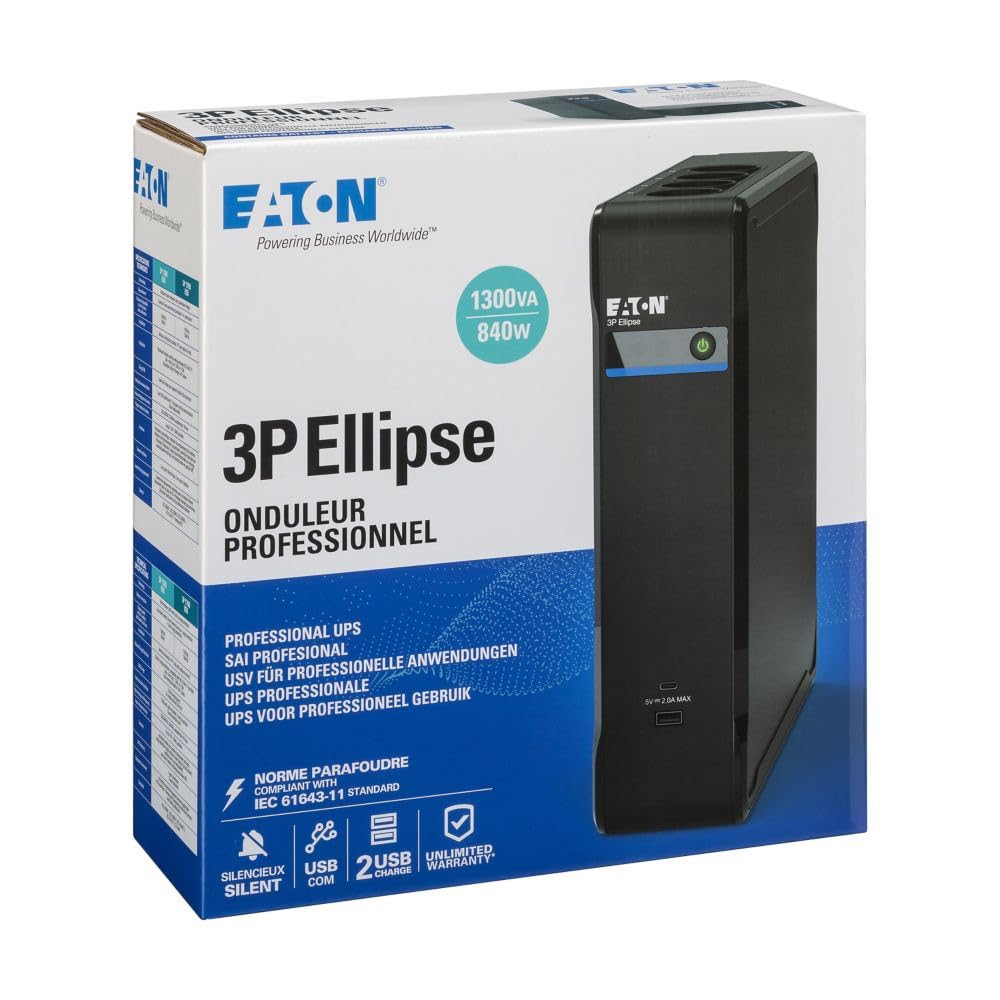 Eaton Série Ellipse 3P Off‑Line UPS – 3P1300UI – 1300 VA/840 W, 8× Prises IEC C13 (4 Batterie + sur, 4 Surtension), Recharge USB‑A & USB‑C, Supervision USB, Protection IEC 61643‑11, Noir (B0F4CBBSVW)