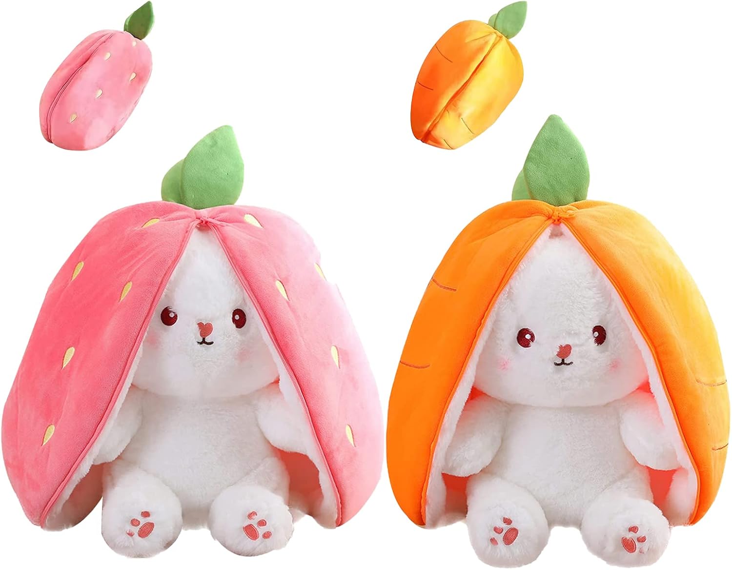 2PCS Plush Toy Pillows: Reversible Carrot Strawberry Bunny with Zipper, Easter Stuffed Animal Rabbit Plushie - Cute Birthday Gift for Kids (13.8" Set)
