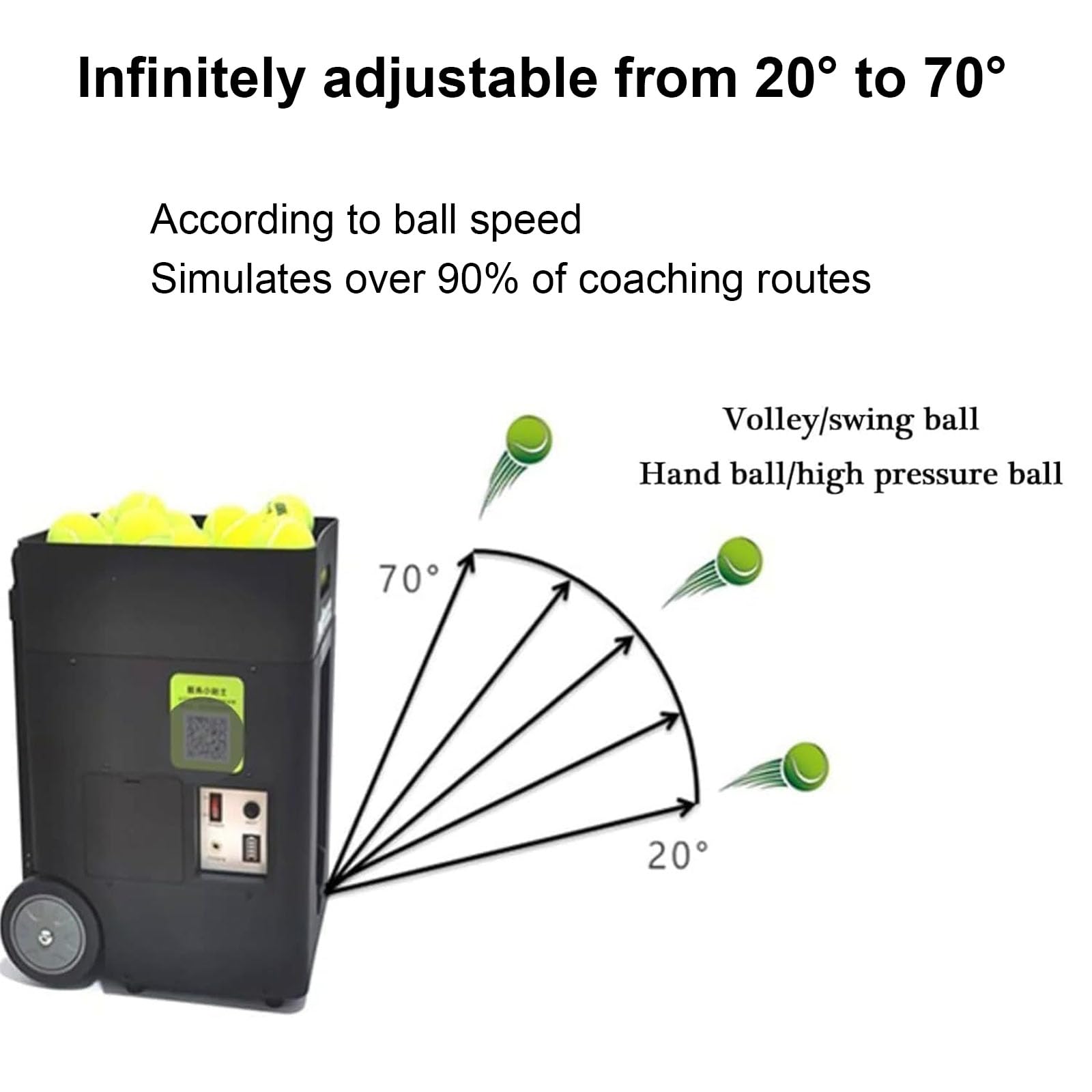 Macchina portatile per palline da tennis con capacità di 50 palline, frequenza 2-8 secondi, distanza di lancio fino a 12 m e altezza fino a 6 m, ideale per campi comunitari e uso domestico