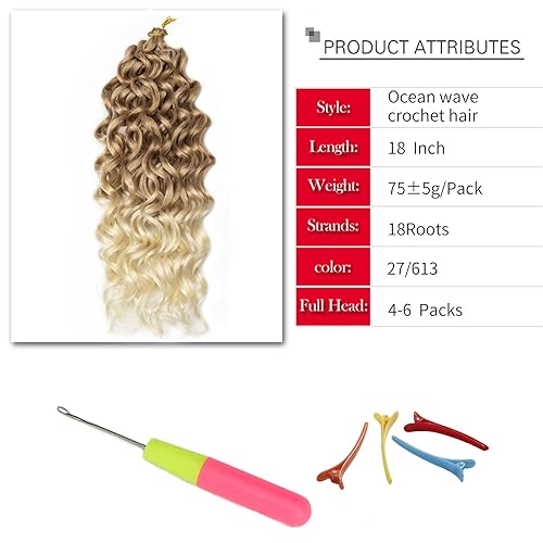 Miniatura 3 de 6 paquetes de cabello ondulado con ganchillo de 18 pulgadas, onda profunda, cabello rizado de ganchillo degradado rubio hawaiano, pelo trenzado
