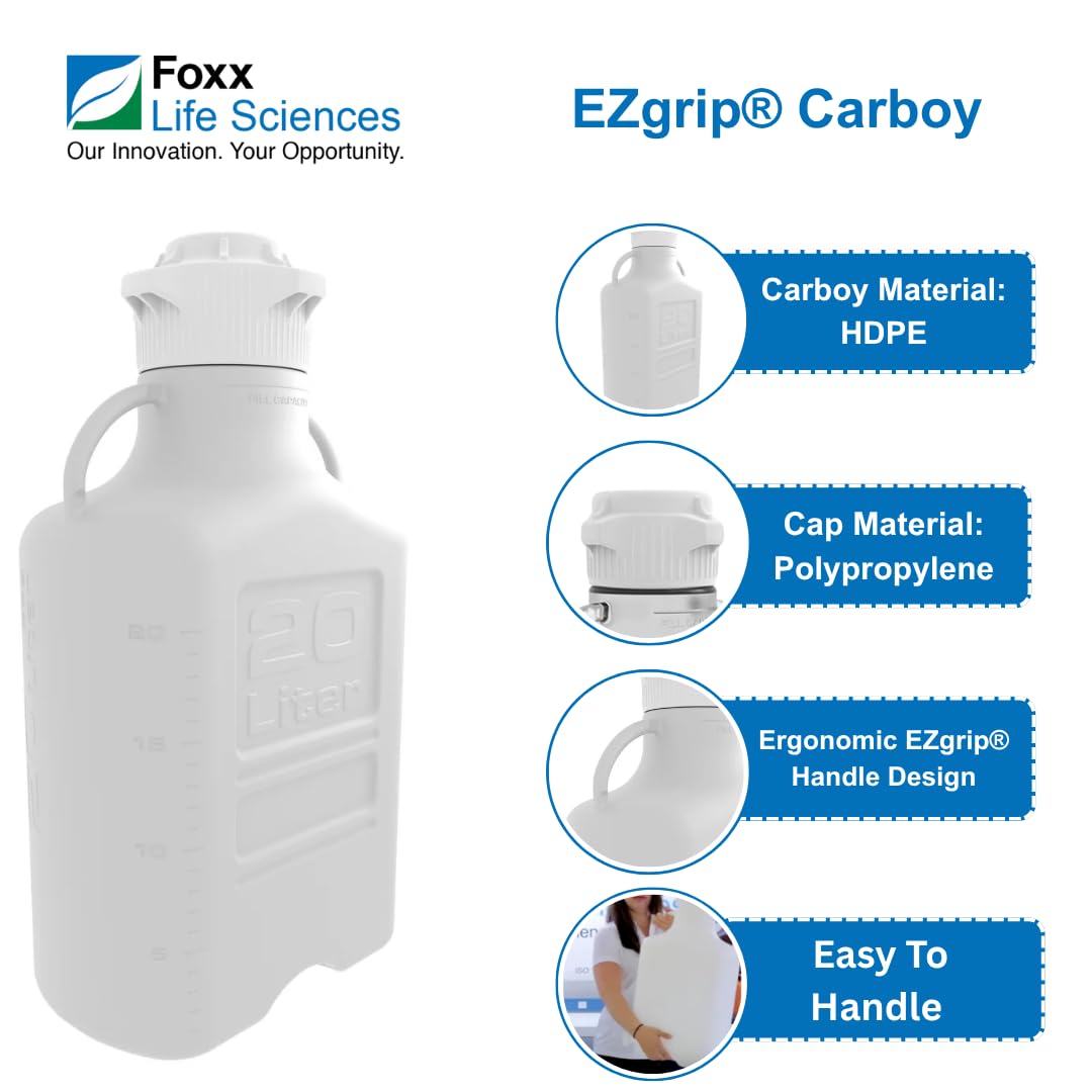 Foxx Life Sciences 1198H82EA EZgrip HDPE Space Saving Carboy with Wide Mouth 120mm VersaCap, 20L Capacity