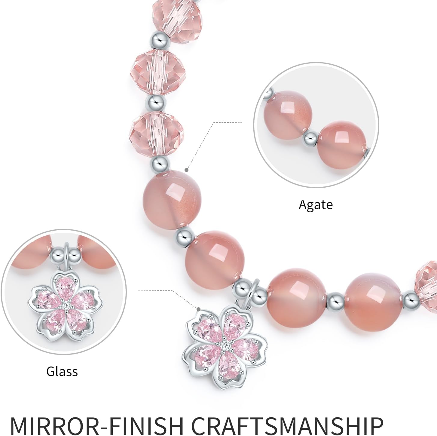 Sterling Silver Bracelets Silver Flower Charm Beaded Bracelet Pink Agate Glass Beads Stretch Bracelets Dainty Jewelry for Women Mom Daughter Birthday Anniversary 6.7"/17CM J1914473 - Image 3