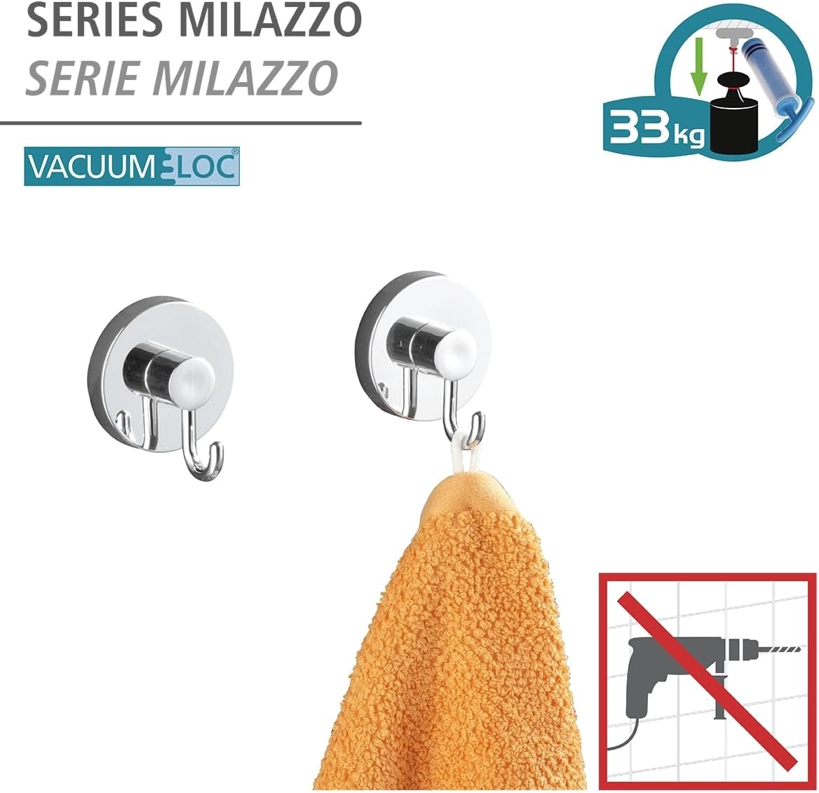 WENKO Wall Hooks with Loc-Vacuum Technology, for Hanging, Storage, for Shower, for Kitchen, No Drilling, No Holes, No Screws, Without Nails, 9.29" x 1.57" x 3.74", Chrome