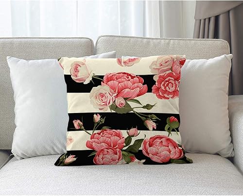 Miniatura 3 de Moslion Funda de almohada decorativa floral, peonía rosa y hojas verdes sobre rayas blancas y negras, funda de almohada cuadrada de algodón y lino