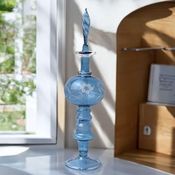 Ornamenta Handmade Blue Glass Perfume Bottle | Refillable Fragrance & Essential Oil Bottle with Engraved Glass | Blown Glass Decorative Small Decanter | Hand-Painted Gift for Women
