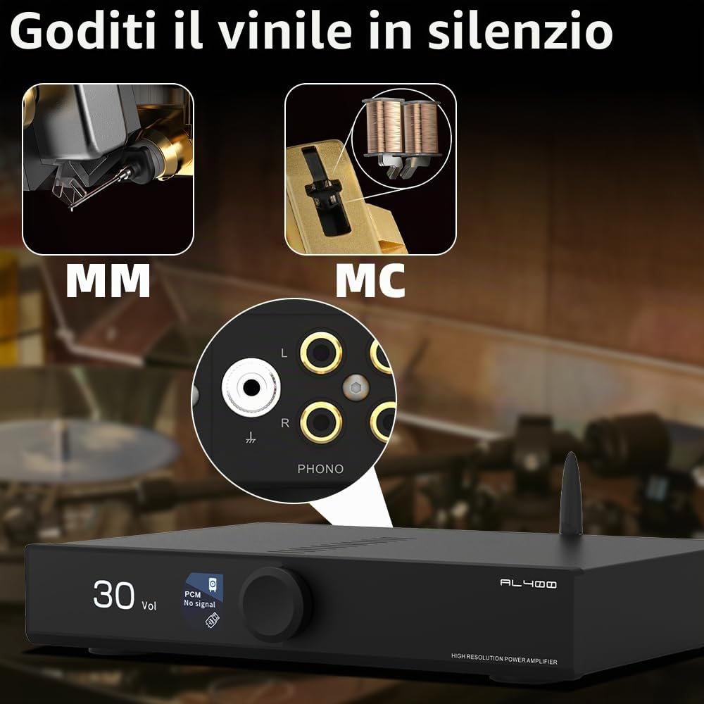 SMSL AL400 All-in-One Decoder HiFi Preamplificatore di potenza Phono TPA3255 e CS43141 MQA, MM e MC Cartuccia HDMI (eARC) per TV, Home Theater