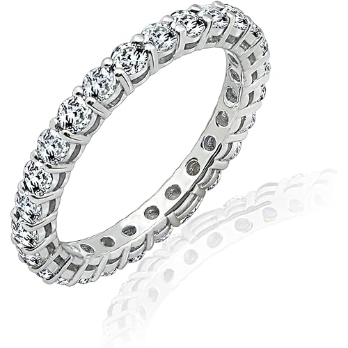 Amazon Collection Platinum or Gold Plated Sterling Silver All-Around Band Ring set with Round Infinite Elements Zirconia