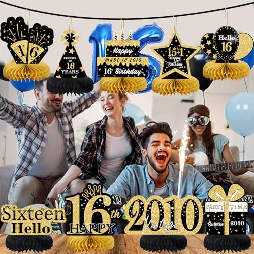 Image of 9Pcs Black Gold 16th Birthday Decorations Honeycomb Centerpieces for Boys Girls,Happy 16th Birthday Centerpieces Tables Toppers Party Decorations Supplies 16th Table Sign Decor