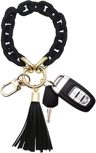 Llavero de pulsera elegante de acrílico para mujer, llaves de coche con bolsa de borla, llavero colgante