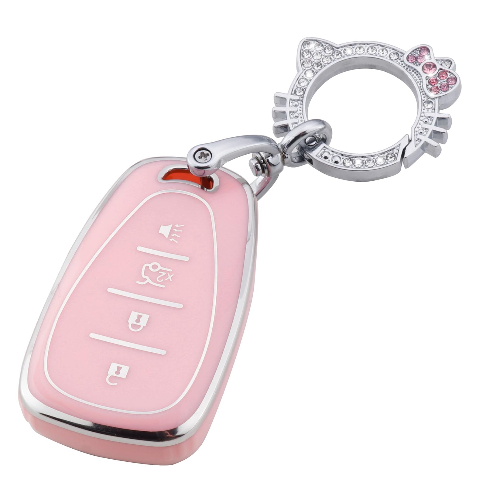 Pangpai Pink Key Fob Cover for Chevy, Soft TPU Key Case Protection with Bling Keychain Fit for Chevy Chevrolet Malibu Equinox Traverse Camaro Cruze Blazer Volt Bolt Smart 4 Buttons
