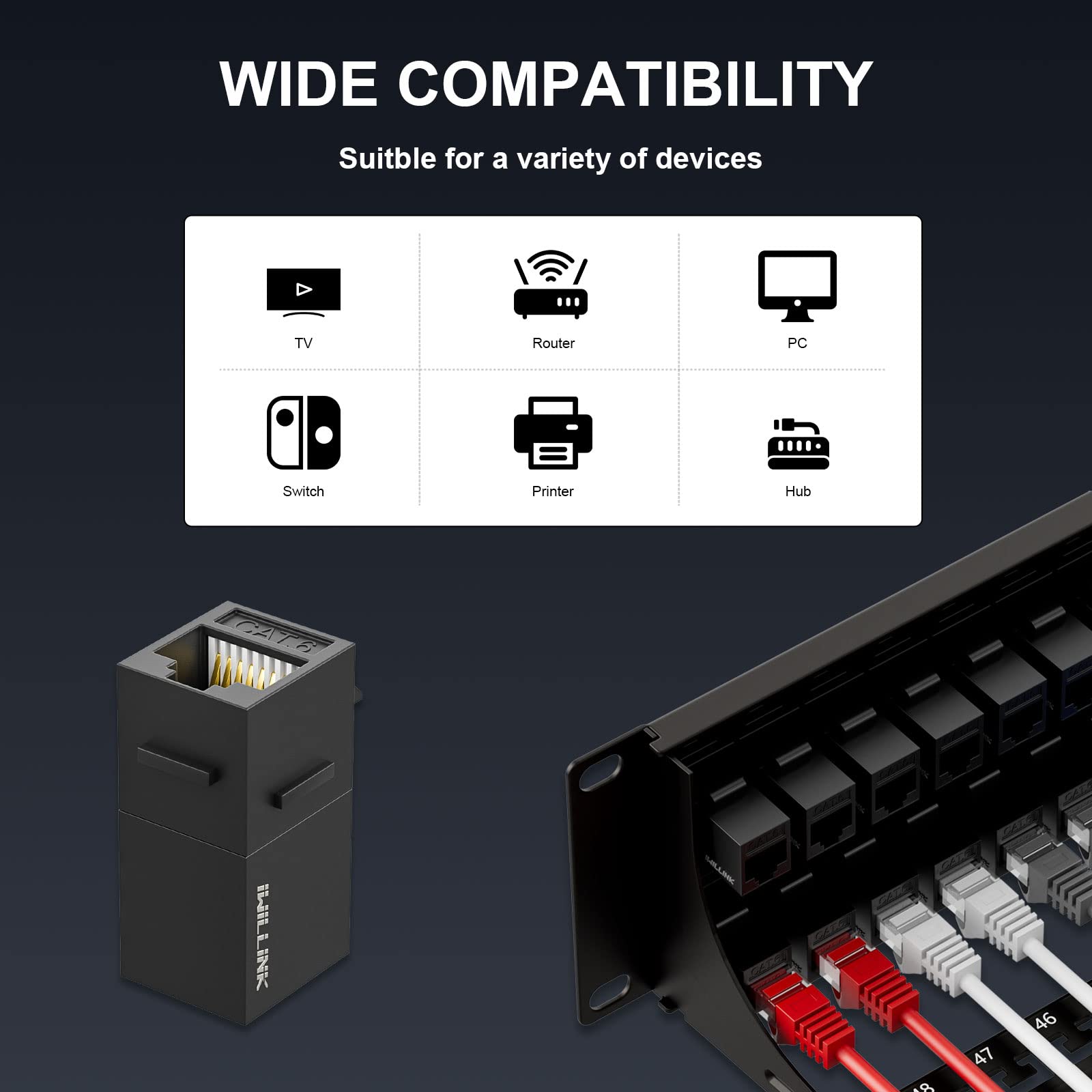 iwillink Panel de conexión Cat6A de 10 Gbps de 48 puertos, panel de conexión Keystone de 2U UTP de 19 pulgadas con barra trasera, montaje en pared o montaje en rack, compatible con cableado Cat5
