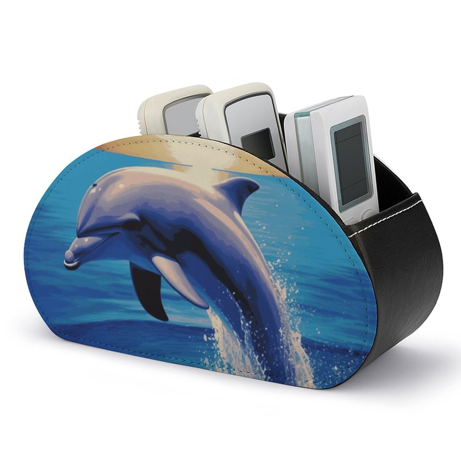 JTREHY Elegant Dolphin Remote Control Holder with 5 Compartments Pu Leather Remote Caddy Box Multi-functional Deskt Holders Organizer Box Tray Bedside Table Storage Organizer