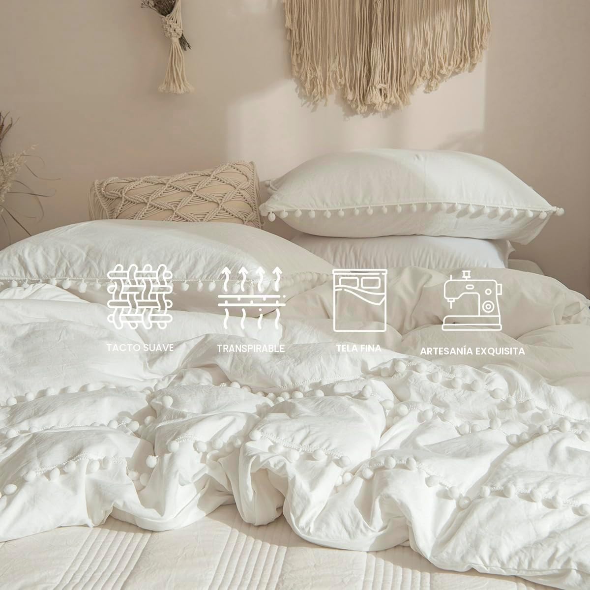 Juego de Funda Nórdica 220x230 cm Blanco Juego de Ropa de Cama Boho con Pompón Bohemia en Microfibra Suave con Funda de Almohada y Cremallera (Blanco, 220x230)