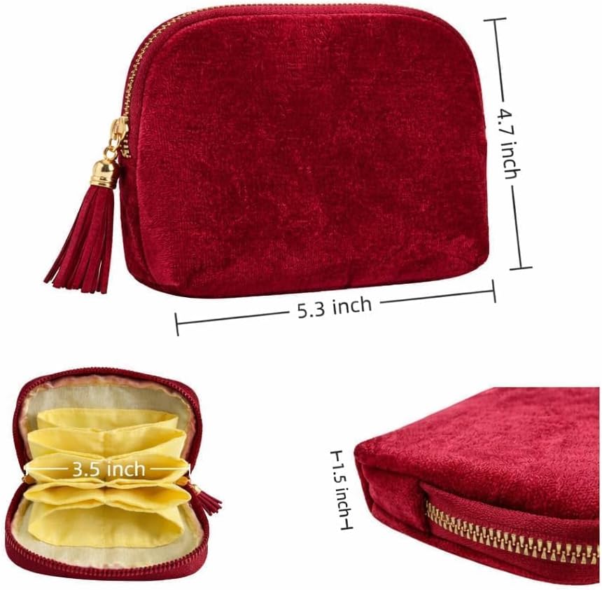 5.3" x 4.7" Small Travel Jewelry Case, Velvet Pouch with Tassel Zipper, Portable Organizer for Rings Earrings, Anti-Scratch Storage for Travel & Daily Use (Burgundy Red)
