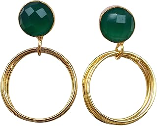 Veracity Jewelry Birthday Gift Minimalist Green Onyx Circle Shape Stud Earrings - Green Onyx Gold Plated Organic Handmade Delicate Stylish Beautiful Onyx Earrings for Women/Girls - VE-176
