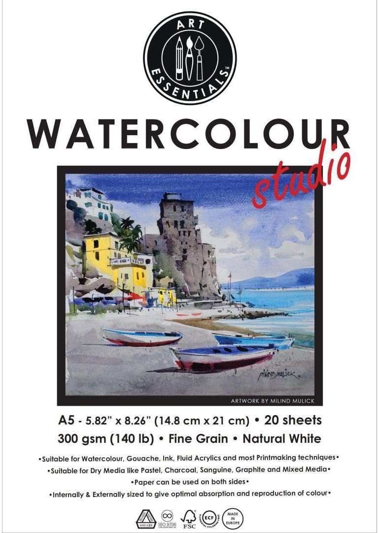 Art Essentials Watercolor Studio Natural White Medium Surface 300 GSM Paper, Pack of 20, A5, Acid Free Papers for Water Color, Gouache, Poster Colour, Ink, Acrylic, Mixed Media, Art Painting, Drawing