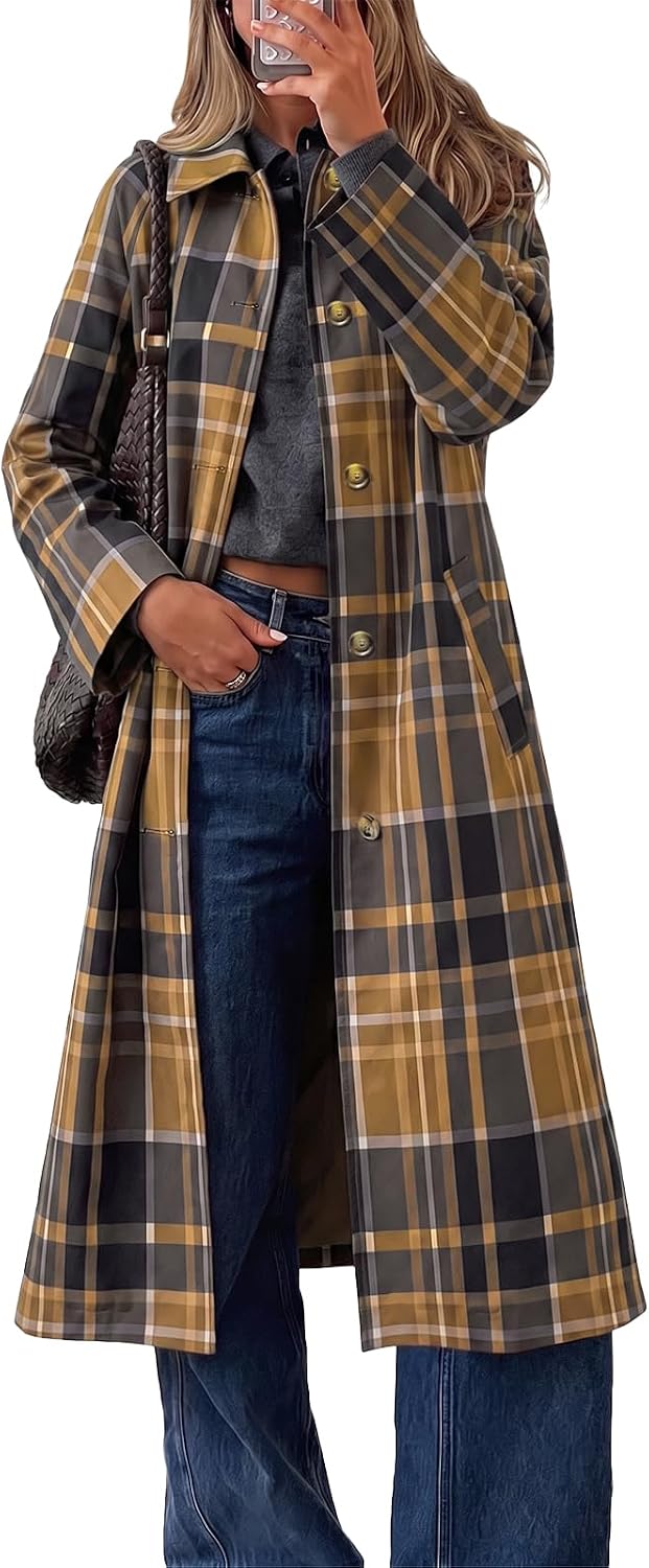 Cicy Bell Womens Plaid Trench Coat Fall Lapel Single Breasted Long Jacket
