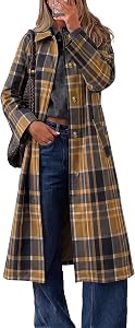 Cicy Bell Womens Plaid Trench Coat Fall Lapel Single Breasted Long Jacket