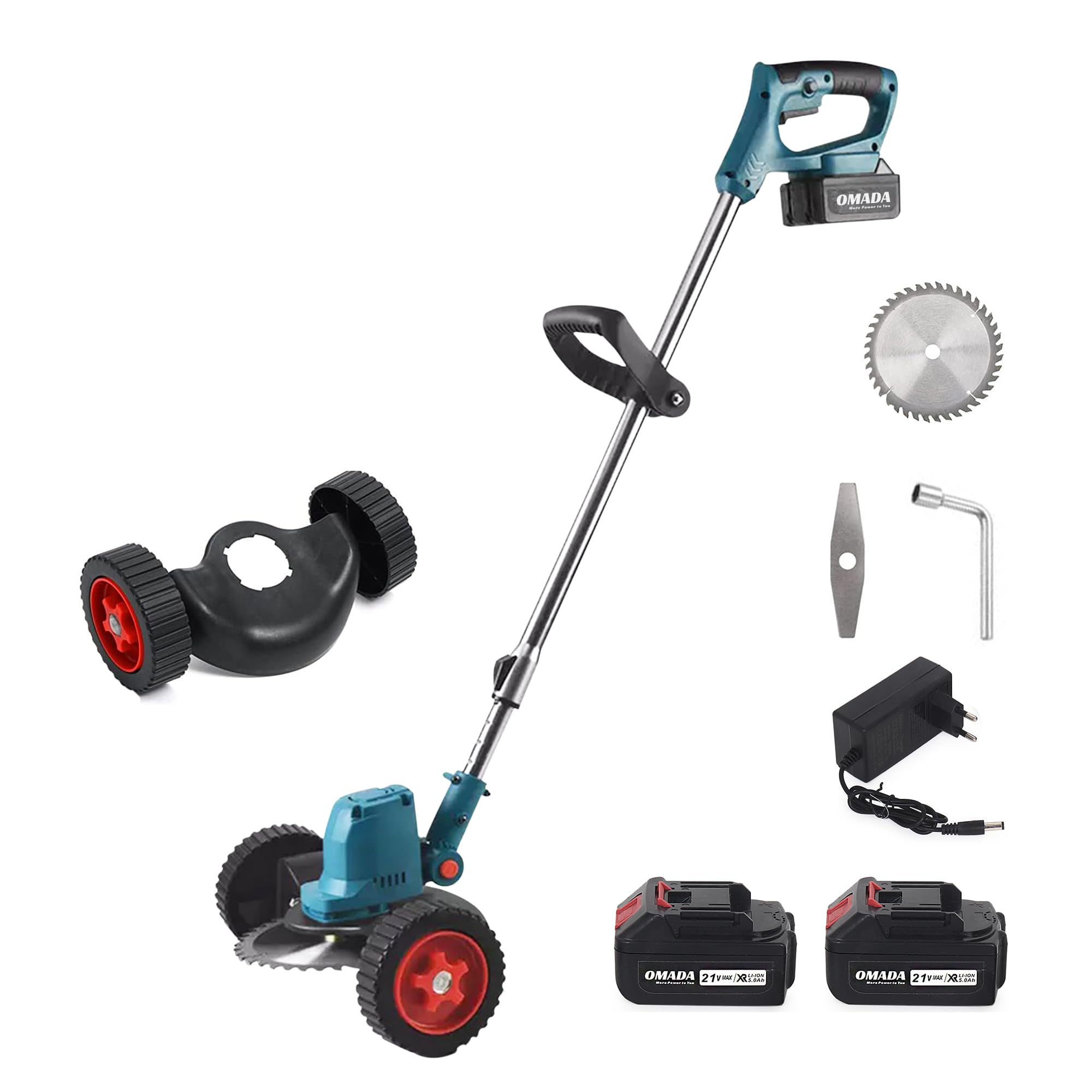 OMADA Cordless Grass Trimmer Machine - Lawn Mower 21V 5.0AH 2 Batteries (3-4 Hours) 7800 RPM 230W with Cutting Width 260mm to Complete Your Gardening tasks Without interruptions