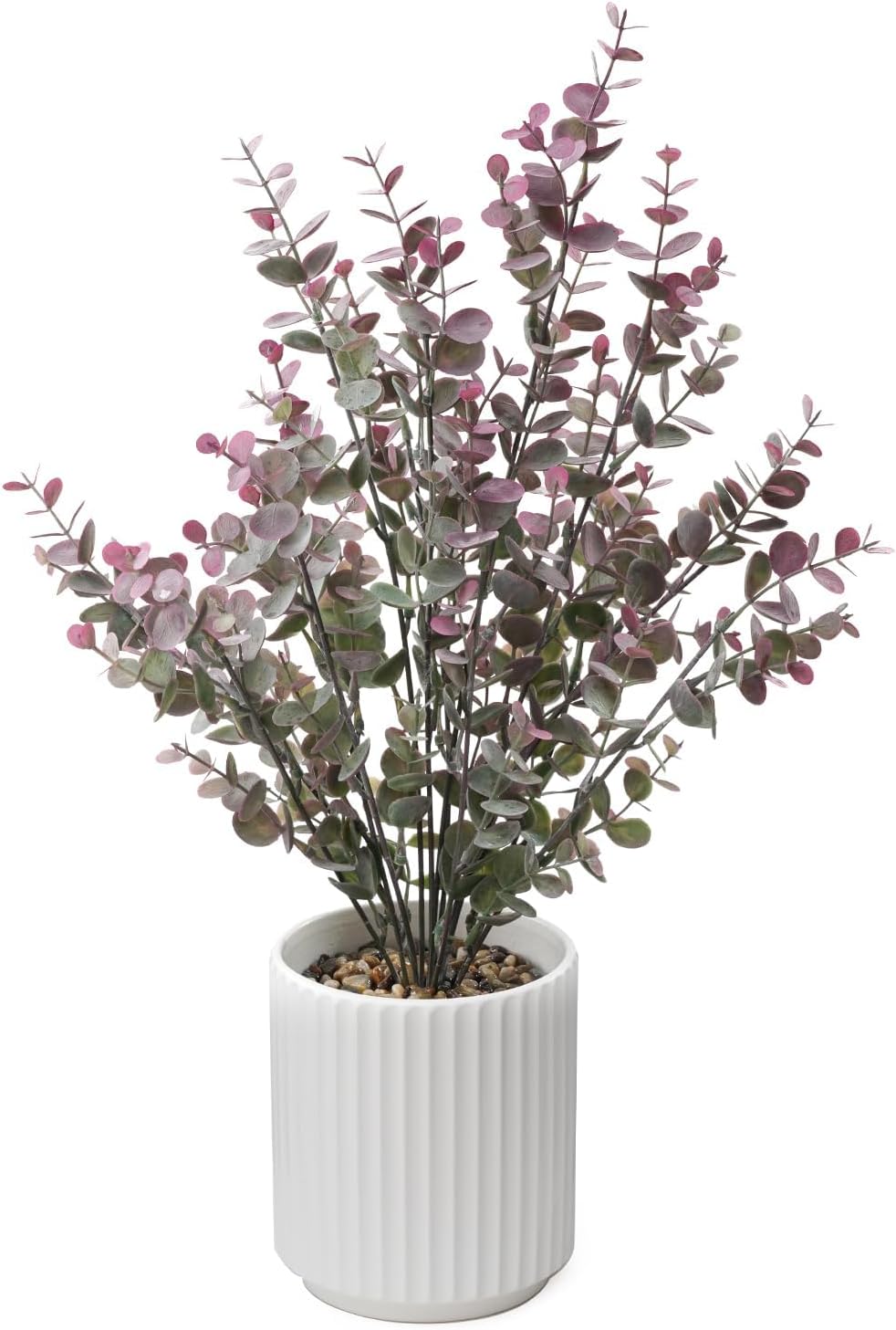 16.5" Artificial Eucalyptus Plant in White Ribbed Ceramic Pot Purple Faux Potted Greenery Tall Desk Plant for Home Office Shelf Table Bathroom Decor Maintenance Free