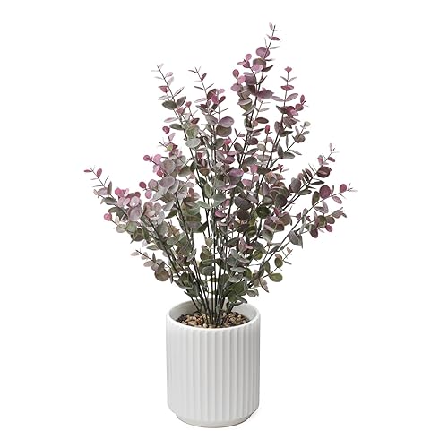16.5" Artificial Eucalyptus Plant in White Ribbed Ceramic Pot Purple