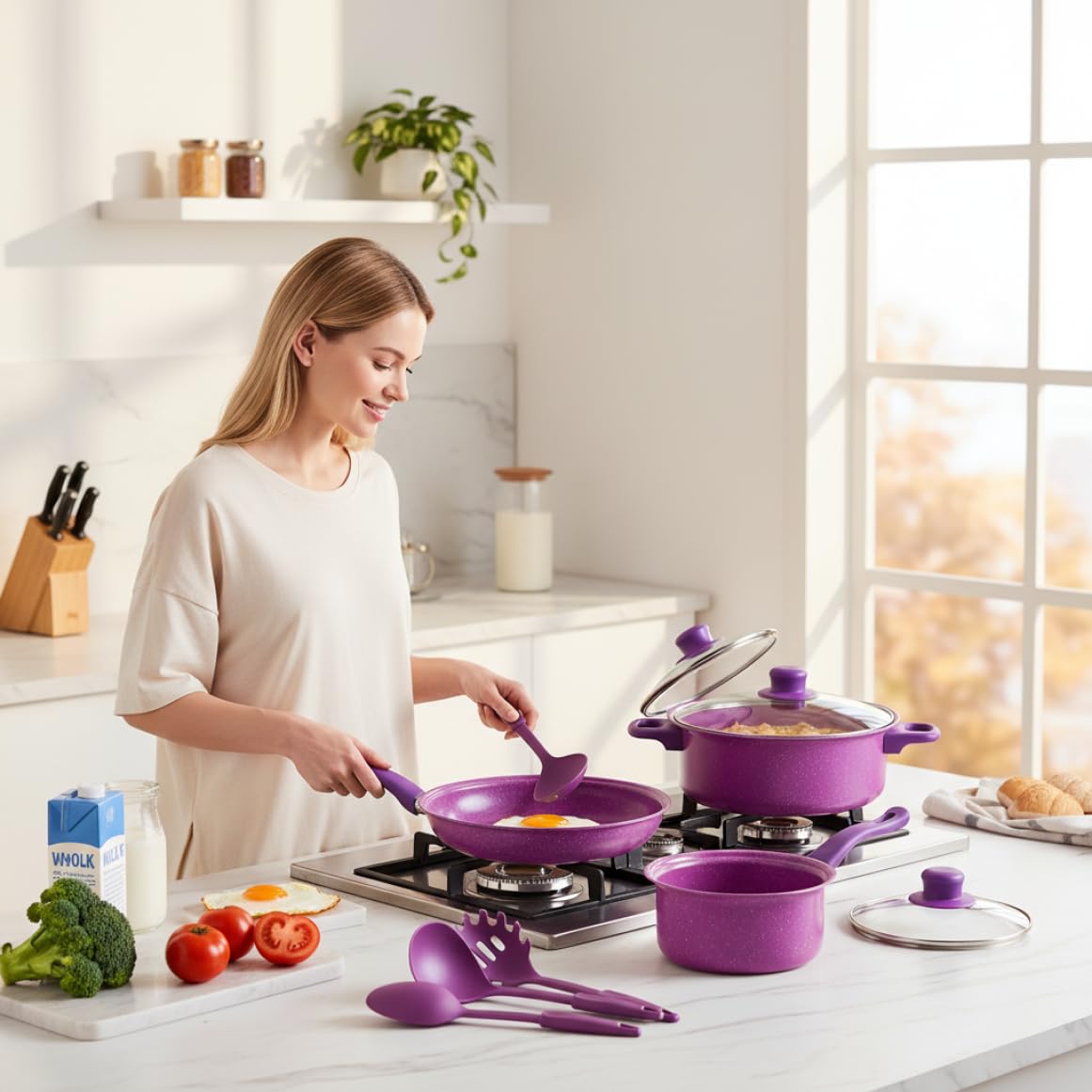 Set di Pentole Antiaderenti, Set di Pentole Antiaderenti da 13 Pezzi, E Padelle con Padella, Pentola per Il Latte E Utensili per La Cucina Casalinga, Viola
